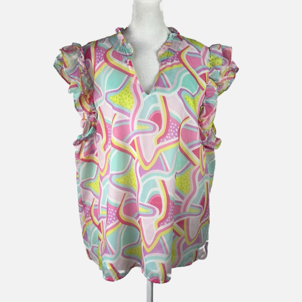 MICHELLE McDOWELL Preppy Bright Abstract Pastel Ruffle Sleeve Tunic Size XXL 2X